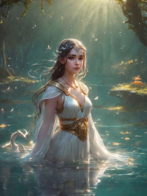 Goddess in lake AI art, water, sunligjt, blessing Water Goddess Aesthetic, Lady Of The Lake Art, Water Goddess Art, Water Warrior, Water Kingdom, Pink Motivation, Greek Mythology Characters, Goddess Pose, Water Goddess