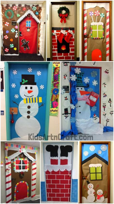 Christmas Classroom Door Decoration Ideas for Preschool - Kids Art & Craft Decorating School Doors For Christmas, Happy Holidays Door Decorations, Preschool Door Decorations Christmas, Santa Door Decoration Ideas, Gingerbread Classroom Door Decorations, Christmas Door Kindergarten, Christmas Decor Ideas Daycare, Christmas Decor For Classroom Door, Christmas Door Display Classroom