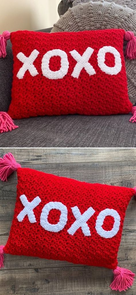 Valentine's Day Easy Crochet Gifts. Valentines Day is all about cuddles and love! This fantastic pillow in the pictures below is an adorable project, that will make your sweetheart very happy and will remind them of this special day for many years! It's an easy to crochet throw pillow that's great for beginners. #freecrochetpattern #valentines #gift Crochet Valentine Decor Patterns, Conversation Heart Crochet, Crochet Valentine Pillow, Free Crochet Patterns For Valentines Day, Valentines Day Knitting Patterns, Crochet For Valentines Day, Knit Valentines Ideas, Valentines Crochet Patterns, Valentine's Day Crochet