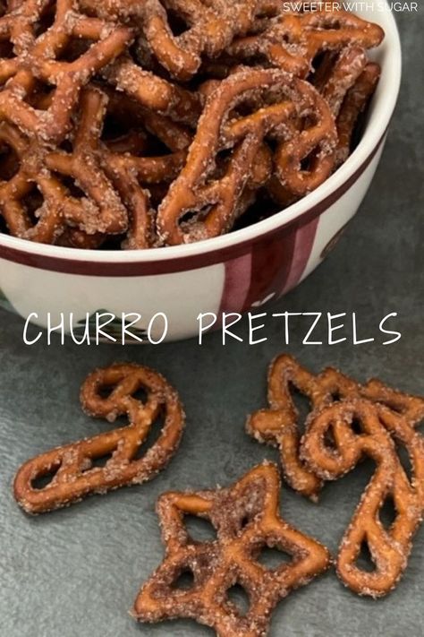 Churro Pretzels are a quick and easy snack. Churro Pretzels, Spiced Pretzels, Cinnamon Sugar Pretzels, Tasty Cakes, Oh Sweet Basil, Snack Mixes, Pumpkin Eater, Covered Pretzels, Fall Snacks