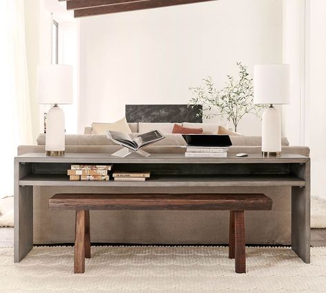 Byron 84" Waterfall Console Table, Mason Gray | Pottery Barn Behind The Couch Console Table, Behind The Couch Console, Couch Console Table, Decorating Aesthetic, Couch Console, Waterfall Console Table, Waterfall Console, Table Behind Couch, Behind The Couch