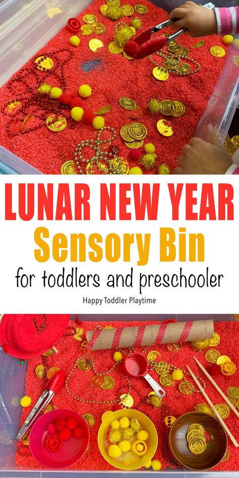 Lunar New Year Sensory Bin - HAPPY TODDLER PLAYTIME This Lunar New Year sensory bin is a fun way to celebrate the new year with your toddler. There are so many ways to play with this bright sensory tub! #sensorytub #sensorybin #toddleractivity New Year Sensory Bin, Chinese New Year Kids, News Years Crafts For Kids, Chinese New Year Crafts For Kids, Chinese New Year Activities, Sensory Tub, Theme Preschool, Toddler Class, Chinese New Year Crafts