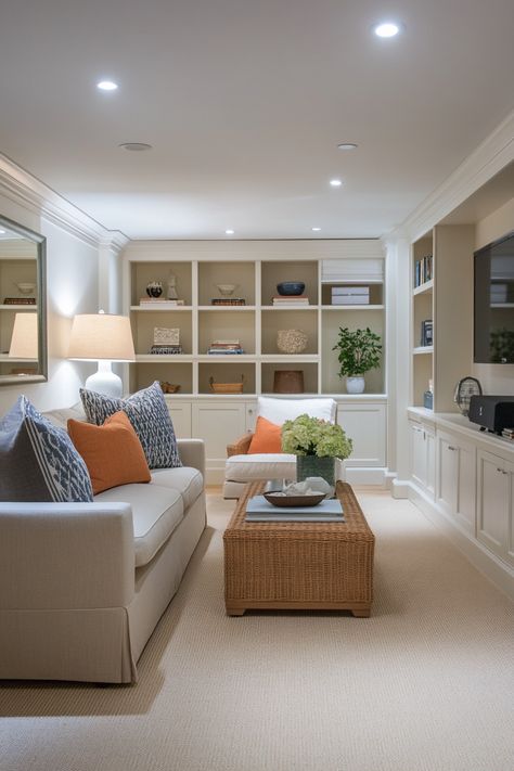 Some Thoughts On Basement Makeovers – Everyday Inspo Basement Makeover Unfinished, Diy Basement Built Ins, Built In Cabinets Basement, Downstairs Basement Ideas, Light Airy Basement, Large Basement Ideas Layout Open Concept, Modern Finished Basement Ideas, Basement Remodel Ideas Layout, Basement Room Dividers