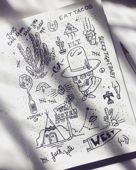 Western Doodle Tattoo, Tattoos Cowgirl, Western Tattoos Ideas, Southwest Tattoo, Tattoos Cowboy, Western Flash Tattoo, Cowboy Skull Tattoo, Western Doodles, Simple Western Tattoos