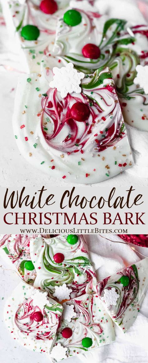 White Chocolate Christmas Bark is an easy recipe for a fun holiday treat. This recipe is made with white chocolate, red and green candy melts, candy, and festive sprinkles. It’s a great recipe to make with kids or give as gifts. | #christmas #christmascandy #candybark #whitechocolatebark #christmasbark White Chocolate Christmas, Candy Bark Recipes, Chocolate Bark Christmas, Christmas Bark Recipes, Bark Recipes, Christmas Candy Easy, Christmas Bark, Fun Holiday Treats, Christmas Cookies Recipes