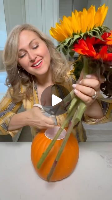 Jennifer Valentyne on Instagram: "There are 3 ways to say vase. How do you say it? Love this idea! Use a craft pumpkin instead of a vase and most places have them on sale now! I got mine at Michael’s. It also makes a nice gift! You can also use a real pumpkin but love that the foam ones last! Easy to carve and paint the colour you want. A perfect centre piece 🎃🍁 #pumpkinseason #diy" Pumpkin Seasoning, Pumpkin Crafts, Centre Piece, A Craft, Centre Pieces, Greatest Hits, Love This, Best Gifts, On Sale