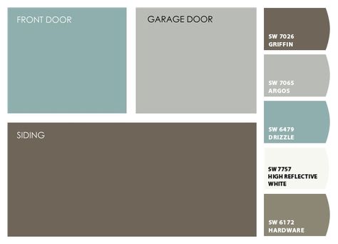 SW Drizzle, Argos, Griffin Paint colors from ColorSnap by Sherwin-Williams Sw Drizzle Paint, Sw Griffin Paint, Sw Griffin Exterior, Front Door Colors For A Brown House, Sw Drizzle, Interior Design Kitchen Contemporary, Exterior Paint Schemes, Interior Paint Colors Schemes, Outside Paint