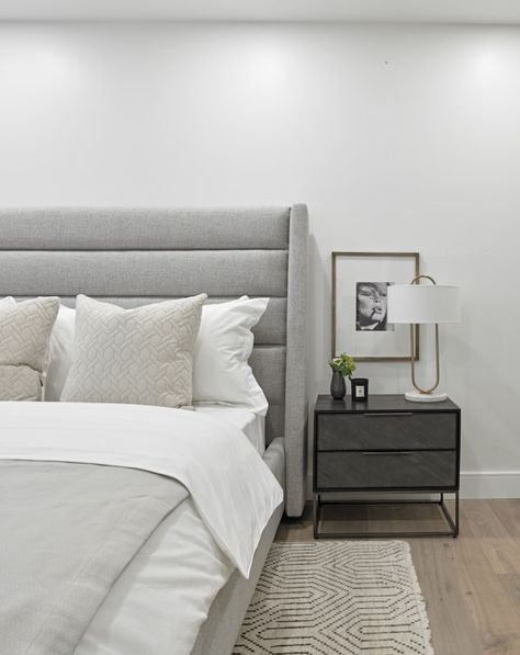 Grey Bed Frame Bedroom Ideas Modern, Nightstand For Grey Upholstered Bed, Bedroom With Gray Furniture, Grey Bed Side Table, Light Grey Bed Frame Bedroom Ideas, Light Gray Headboard Bedroom, Light Grey Headboard Bedroom, Furnish Apartment, Crib Aesthetic