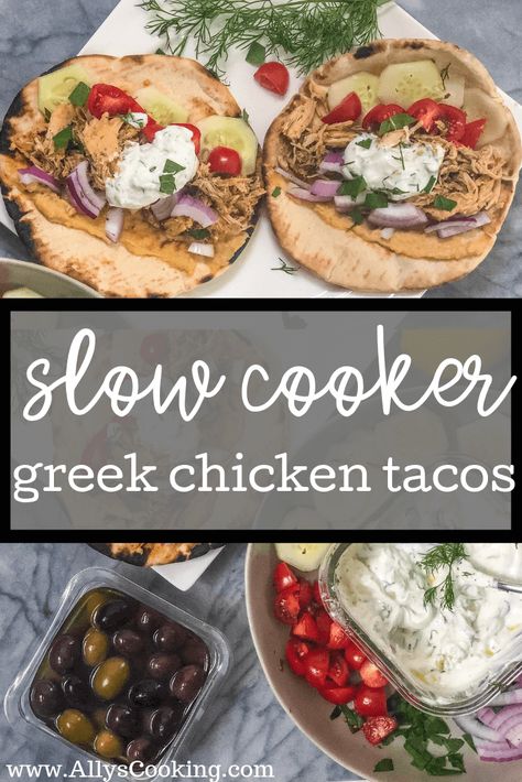 Greek Tacos Chicken, Greek Pulled Chicken, Mediterranean Recipes Crockpot, Greek Tacos, Lake Meals, Slow Cooker Greek Chicken, Mediterranean Desserts, Greek Dinners, Crock Pot Tacos