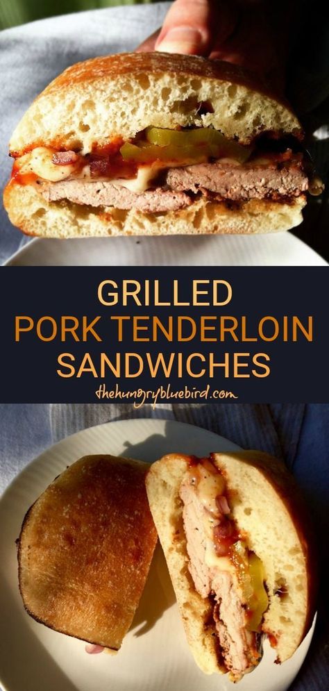 Grilled pork tenderloin sandwiches, marinated and then grilled and topped with cheese, grilled onion, BBQ sauce and pickles #porktenderloinsandwich #grilled #porktenderloin #sandwich #grilling #easyrecipe | thehungrybluebird.com Marinated Pork Tenderloin, Tenderloin Sandwich, Leftover Pork Tenderloin, Grilled Tenderloin, Pork Chop Sandwiches, Grilled Onion, Bbq Pork Tenderloin, Grilled Pork Loin, Pork Tenderloin Sandwich