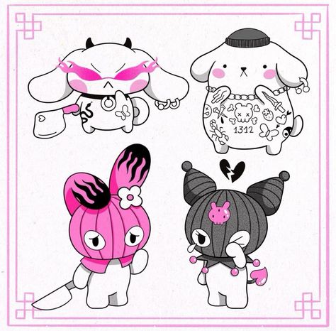 Kuromi And My Melody Tattoo, My Melody Tattoo, Kuromi Art, Sanrio Doodles, Kuromi Tattoo, Sanrio Tattoos, Hello Kitty Tattoos, Kawaii Tattoo, Cute Little Tattoos