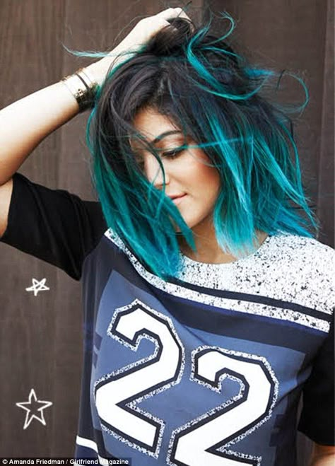 Kylie Jenner on limelight life for Girlfriend magazine cover | Mail Online Blue And Green Hair, Highlights Bob, Blue Ombre Hair, Teal Hair, Turquoise Hair, Blue Highlights, Trendy Hair Color, Short Hair Color, Hair Color Blue