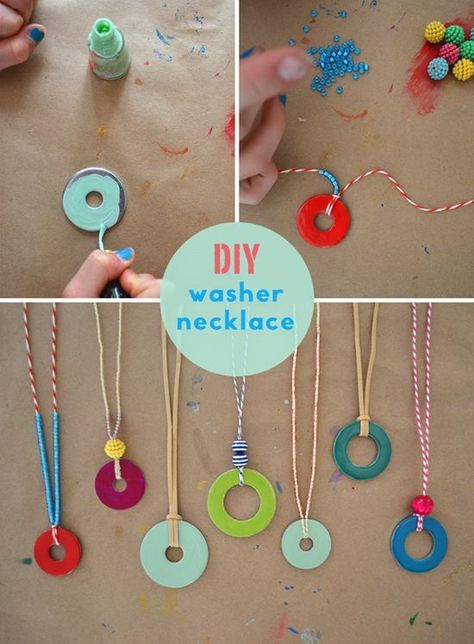 DIY washer necklaces – kid’s summer craft – handmade jewelry with nail polish | art bar for small for big Diy Washer Necklace, Washer Necklaces, Washer Jewelry, Play Kitchens, Summer Craft, Vbs Crafts, 강아지 그림, Summer Crafts For Kids, Diy Bricolage