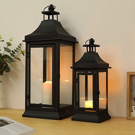 Amazon.com: JHY DESIGN Set of 2 13''&19.5''Tall Outdoor Candle Lanterns Vintage Hanging Tower Lantern Metal Candle Holder for Garden Living Room Indoor Outdoor Parties Weddings Balcony(Black): Kitchen & Dining Outdoor Candle Lanterns, Metallic Decor, Outdoor Candle, Metal Candle Lanterns, Hanging Candle Lanterns, Lantern Decor, Lantern Candle, Black Lantern, Large Lanterns