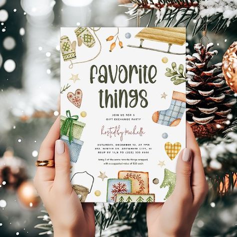 $1.98 | Fun 'favorite things' Christmas Gift Exchange #favorite things, exchange party, watercolor winter, night, holiday party, girls night, fun modern cute colorful, gift exchange christmas party, festive, white elephant Favorite Things Party, Fun Watercolor, Invitations Ideas, Christmas Gift Exchange, Winter Apparel, Christmas Favorites, Party Details, Holiday Party Invitations, Invite Friends