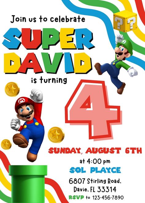 Mario Odyssey Birthday Party, Super Mario Bros Birthday, Third Birthday Invitations, Mario Bros Birthday, Third Birthday Party, Brother Birthday, Mario Party, Time Design, Third Birthday