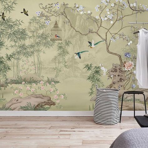 Tea Room Design, Tropical Bedrooms, India Home Decor, Modern Mural, Scenic Wallpaper, Hand Painted Wallpaper, Bedroom Murals, Wall Murals Painted, Chinoiserie Wallpaper