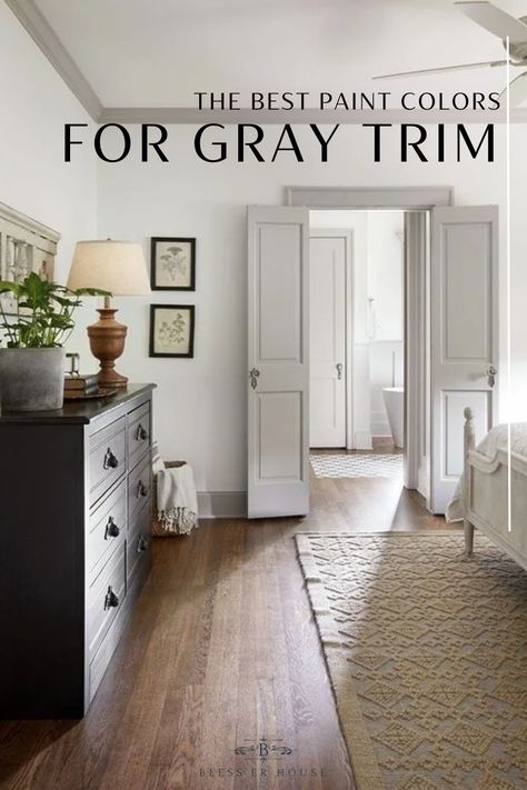 A round-up of taupe and gray trim paint inspirations for a modern-meets-classic look and the best paint colors to pull it off. White Walls And Gray Trim, White Walls Grey Trim Living Room, Best True Gray Paint Color, Soft Grey Colour Palette, White Walls With Gray Trim, White Walls And Grey Trim, White Wall Grey Trim, Light Grey Walls With Dark Grey Trim, Dark Grey Trim Interior