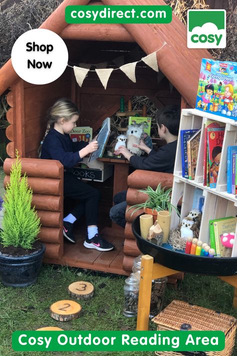 What a great set up for an outdoor reading area! Why not revamp your outdoor reading area with one of our dens/playhouses? Outdoor Reading Area, Reading Shed, Eyfs Phonics, Reading Corner Ideas, Mark Making Ideas, Reading Den, Outdoor Reading, Cosy Reading Corner, Dear Zoo