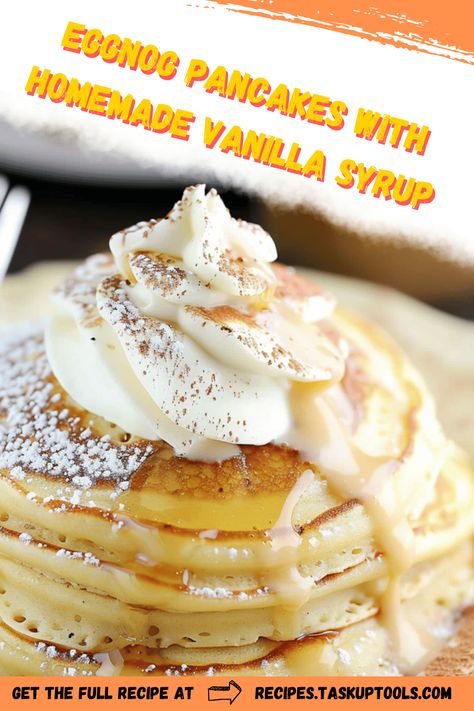 Indulge in the ultimate holiday breakfast with our Eggnog Pancakes paired with a rich Homemade Vanilla Syrup. These fluffy pancakes incorporate the creamy flavors of classic eggnog, bringing festive warmth to your morning table. The addition of a smooth vanilla syrup drizzles decadence in every bite, perfect for cozy winter brunches or Christmas morning delights. Easy to follow and perfect for impressing guests, this recipe elevates your pancake game with seasonal flair. Discover a new holiday tradition and make your mornings Vanilla Syrup For Pancakes, Winter Pancakes, Homemade Eggnog Recipe, Eggnog Pancakes Easy, Eggnog Pancakes Recipe, Eggnog Waffles, Eggnog Pancakes, Pancake Syrup Recipe, Vanilla Pancakes