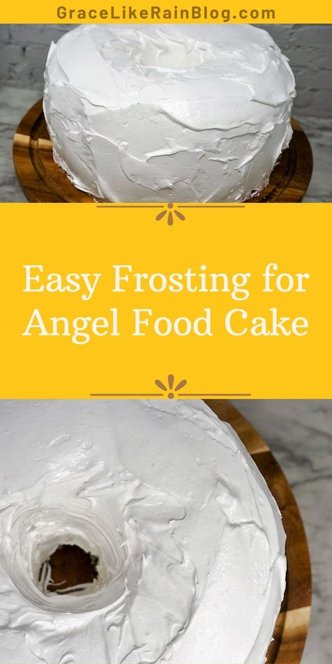 Angel Food Cake with Fluffy White Frosting is a family-favorite recipe at our house. It's a fool-proof dessert recipe that will really WOW your family and friends. | Easy Frosting For Angel Food Cake | White Frosting Angel Food | Angel Food Cake Ideas | How to frost an angel food cake | Fluffy White Frosting for Cake | Fluffy pink frosting for cake | Pink frosting for angel food cake Angel Food Icing Recipes, Angel Food Cake With Frosting, Angel Food Cake With Icing, Angel Food Frosting Recipe, Angel Food Cake Toppings Frostings, Iced Angel Food Cake, Icing For Angel Food Cake Frostings, Angel Food Cake Frosting Easy, Decorate Angel Food Cake