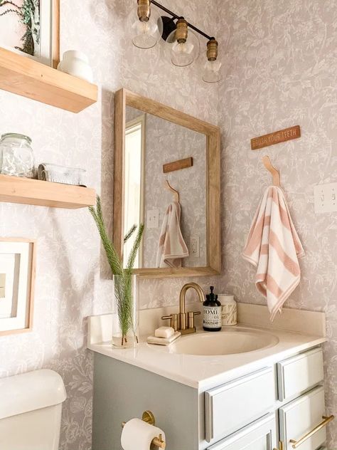 Hearth And Hand Bathroom, House With Books, Hayley Smith, Modern Traditional Decor, Key Decor, Target Decor, Powder Bathroom, Wood Ladder, Traditional Style Homes