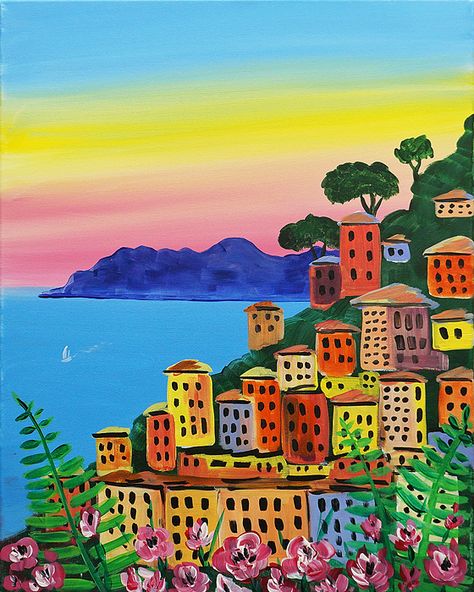 Painting Ideas On Canvas Italy Easy, Italy Landscape Painting Easy, Amalfi Coast Painting Easy, Italy Canvas Painting Easy, Italy Canvas Painting, Sicily Art Painting, Mediterranean Paintings Easy, Italian Coast Painting, Italy Painting Easy Acrylic