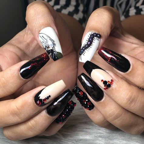 Tokyo Ghoul Nail Art, Tokyo Ghoul Inspired Nails, Anime Nails Tokyo Ghoul, Tokyo Ghoul Nails Designs, Kakegurui Nails, Attack On Titan Nails, Tokyo Ghoul Nails, Hybrid Extensions, Anime Inspired Nails