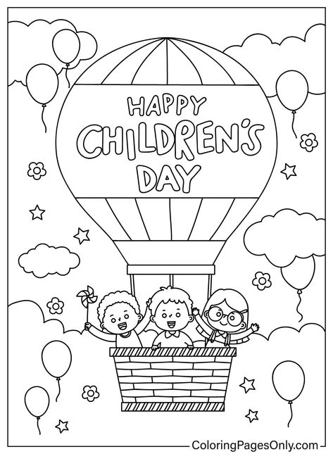 Three Children in a Hot Air Balloon Hot Air Balloon Coloring Pages, Balloon Coloring Pages, Children's Day Activities, Yearbook Cover, Art Deco Cards, Hot Air Balloon Design, Flying In The Sky, Coloring Worksheets, Easy Art For Kids