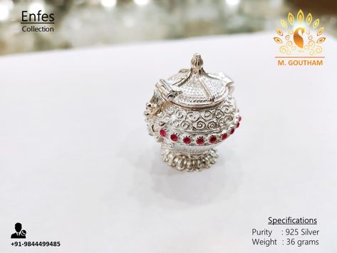 Handcrafted 925 Silver Kumkum dabbi with Nakaas work :) Silver Kumkum Bharani Designs, Silver Articles, Silver Items, Silver Fashion, 925 Silver, Diamond Ring, Engagement Rings, Crystals, Silver