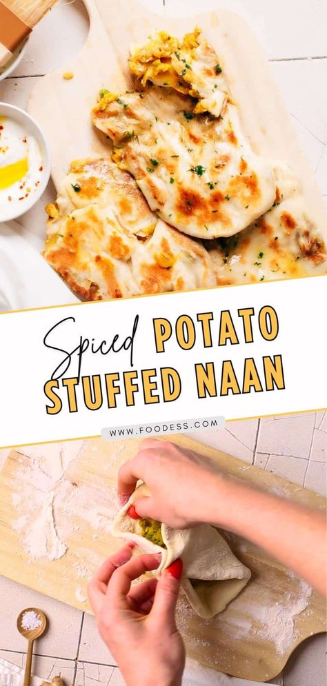 Are you looking for an easy and delicious Indian dish that you can make at home? You'll love this Aloo Naan! This soft, fluffy Indian flatbread is stuffed with a flavorful spiced potato filling and is so versatile - it can be enjoyed as a main dish or side, for lunch and dinner (Even as a snack!). Plus, it's budget-friendly and perfect for any occasion and weekday meals. Head over to my blog and get ready to make the best aloo naan at home with this easy-to-follow recipe + video. Aloo Naan, Naan At Home, Stuffed Naan, Potato Stuffed, Indian Flatbread, Potato Filling, Naan Recipe, Quick Breakfast Recipes, Weekday Meals