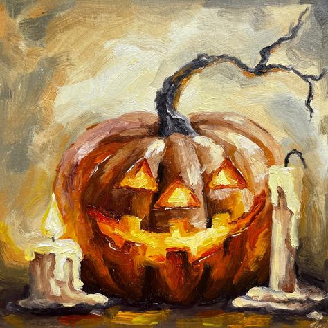 Pumpkin Oil Painting Halloween Pumpkin Impasto Original Art Candles Painting Food Original Fine Artwork Halloween Decor Still Life Painting Gift 6x6 THIS PAINTING IS MADE TO ORDER. The painting from picture is already SOLD. Your painting will be created very similar in same color, style, and size,but will not be the exact same painting but very similar. After you order, I will start to create your painting.For painting it will take about 3-4 days. For the painting to dry will take about 4-6 days Pumpkin And Ghost Painting, Pumpkins Oil Painting, Autumn Still Life Painting, Halloween Fall Paintings, Fall Halloween Painting Ideas, Pumpkin Oil Painting, Halloween Oil Pastel Art, Fall Oil Pastel Art, Halloween Oil Painting