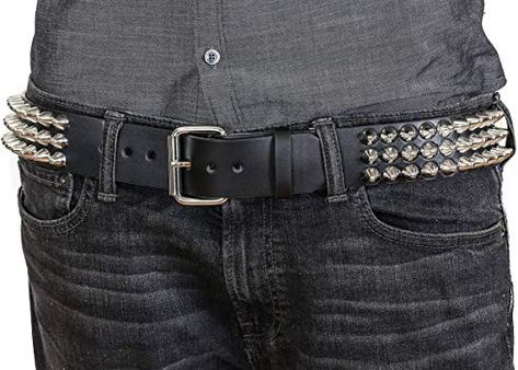 Three Row UK77 Long 1/2" Conical Stud Belt Made In USA Genuine Leather Punk Goth Thrash Metal (XS-30) at Amazon Men’s Clothing store: Punk Belt Men, Spiky Belt, Necklace Photoshoot, Emo Belts, Scene Kid Fashion, Punk Belt, Black Punk Belt With Rivets, Goth Belt Buckle, Stud Belt