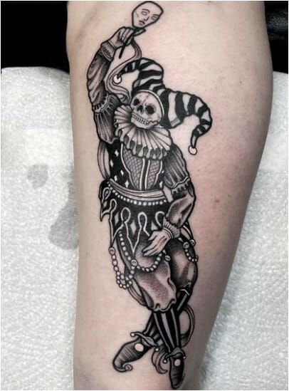 JESTER TATTOO Dark Jester Tattoo, Tattoos Balance, Dark Jester, Good And Evil Tattoos, Medieval Jester, Jester Tattoo, Medieval Tattoo, Evil Tattoos, Clown Tattoo