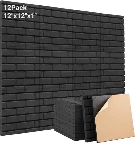 Kuchoow Self Adhesive Acoustic Panels 12 Pack Sound Absorbing Noise Cancelling Wall Panels for Studio/Living Room/Bedroom Soundproofing(1" X 12" X 12",Brick) Noise Cancelling Wall, Soundproof Wall, Studio Living Room, Sound Panel, Foam Panels, Black Brick, Studio Living, Sound Absorbing, Black Panels