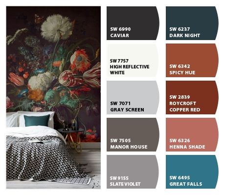 Sherwin Williams Dark Night Color Palette, Dark Night Color Palette, Sherwin Williams Dark Night, Large Leaning Mirror, Night Color Palette, Grey Bedroom Colors, Coral Clay, Grays Harbor, Paint Palettes