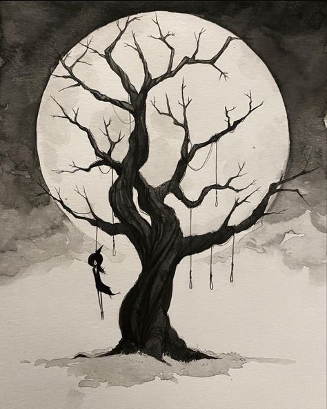 Fantasy Tree Drawing, Watercolor Silhouette, Petit Tattoo, Fantasy Tree, Creepy Drawings, Dark Tree, Tree Sketches, Hanging Tree, Tree Artwork