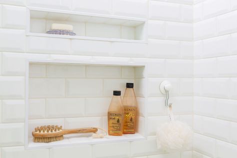 My Classic Black and White Bathroom Reveal; Before & After Tile Shower Shampoo Shelf, Timeless Interior Design Style, Tuscan Bathroom, Maria Killam, Beveled Subway Tile, Timeless Interior Design, Black White Bathrooms, Bath Redo, Timeless Bathroom