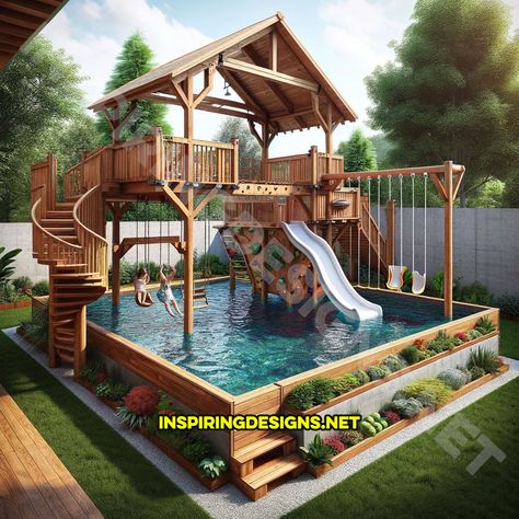 These Backyard Pool Playgrounds Bring the Water Park Right to Your Home – Inspiring Designs Summer With Kids At Home, Pool Oasis Backyard, Pool Playground, Backyard Water Parks, Wooden Pool, Kids Backyard Playground, Dream Backyard Pool, Backyard Kids Play Area, Pool Life