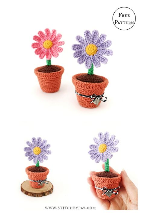 Crocheted Flower Pot Free Pattern, Crochet Potted Flowers Free Pattern, Crochet Flower In Pot, Crochet Vase, Heart Plant, C2c Crochet Pattern Free, Crochet Patterns Ideas, Crochet Hearts, Elegant Crochet