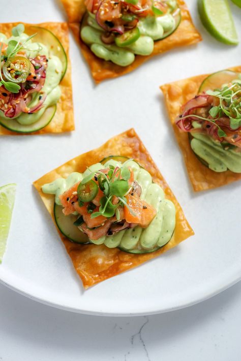 Salmon Wonton Tostadas & Avocado Mayo — Nadia Aidi Wonton Tostadas, Wonton Cups Appetizers, Avocado Mayo, Salmon Appetizer, Restaurant Lunch, Wonton Cups, Lemon Rice, Wonton Wrappers, Party Appetizers