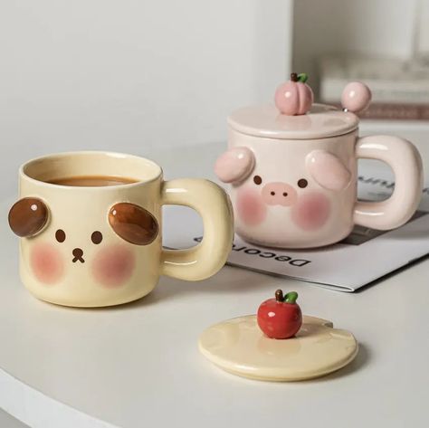 Spoon Ceramic, Ceramic Mug Set, Pig Dog, Pig Cartoon, Second Option, Breakfast Cups, Animal Mugs, Clay Mugs, Cute Coffee Mugs