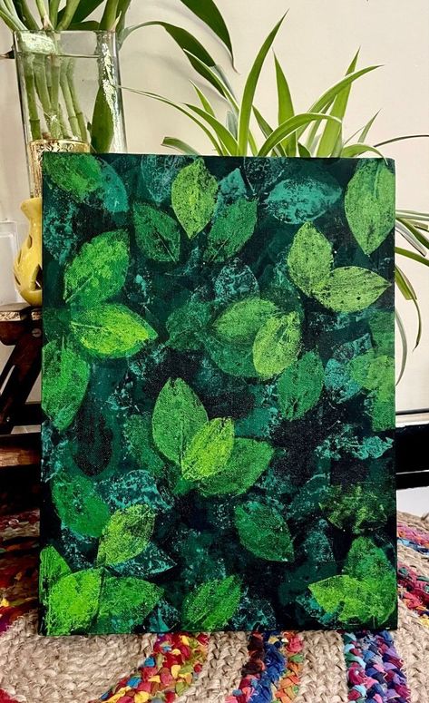 Leave Painting Canvas, Canvas Leaf Art, Leave Paintings Acrylic, Painting Leafs Acrylic, Leaf Painting On Black Canvas, Leaf Print Painting Acrylic, Painted Leaves On Canvas, Layered Leaf Painting, Leaf Art On Canvas