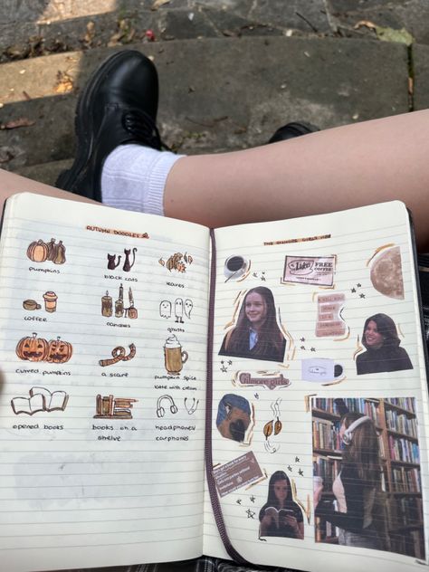 autumn, gilmore girls, journaling, downtown girl, fall, rory gilmore, pumpkins, diary Autumn Gilmore, Gilmore Girls Books, Autumn Doodles, Bulletin Journal, Ideas Journal, Bulletin Journal Ideas, Pretty Journals, Aesthetic Journal, Fall Scrapbook