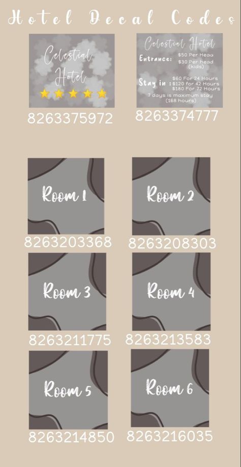 Hotel Sign Bloxburg Codes, Bloxburg Hotels Layout, Club Roblox Hotel Ideas, Bloxburg Apartment Decals Codes, Blox Burg Hotel Ideas, Club Roblox Image Id Codes Hotel, Hotel Codes For Bloxburg, Bloxburg Room Numbers Codes, Hotel Design Bloxburg