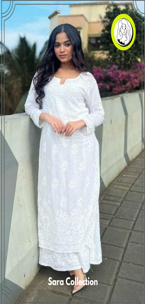 Elegant Kurti Sleeves and Neck Designs for 2024 White Kurta With Plazo, White Kurti Chikankari, White Colour Kurti Designs Latest, White Kurtis For Women, Red Chickenkari Kurti, Simple White Kurti Designs, Chikan Suits Designs, Plazo Kurta Designs, White Plazo With Kurti