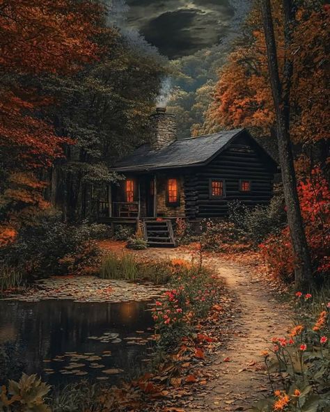 Yes it is always Autumn in my Soul  🍂🧡🍁 Fall Cabin, Little Cabin In The Woods, Cozy Cabins, Golden Tree, Yes It Is, Little Cabin, Cute N Country, Cabin Fever, Cozy Cabin