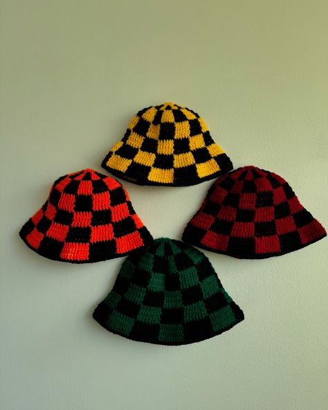 Checkered Crochet Bucket Hats in Multicolor 🧶🌈 #tamsenannco #tamsenanncrochet #crochethats #fashion #explore #explorepage Bucket Hat Checkered, Granny Square Bucket Hat, Crochet Bucket Hats, Checkered Crochet, Bucket Hat For Men, Crochet Bucket, Mens Bucket Hats, Crochet Bucket Hat, Crochet Granny Square