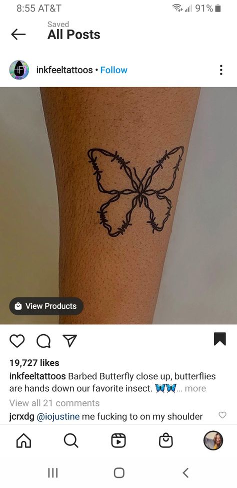 Barbed wire butterfly tattoo Cute Barb Wire Tattoo, Barred Wire Tattoo, Evil Butterfly Tattoo, Barb Wire Butterfly, Patchwork Thigh Tattoos Women, Barbed Wire Butterfly, Bobwire Tattoos For Women, Barbwire Butterfly Tattoo, Butterfly Patchwork Tattoo