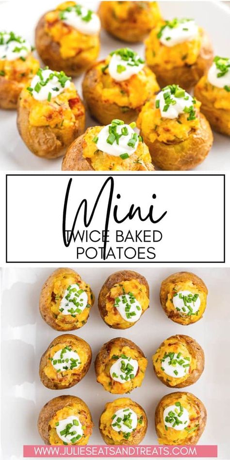 Delight in our scrumptious Mini Twice Baked Potatoes, an ideal appetizer or side dish for the holidays. Stuffed with creamy sour cream, crispy bacon, and cheddar cheese, they're a bite-sized treat that's incredibly easy to prepare yet makes a memorable impression at any gathering. Twice Baked Yukon Gold Potatoes, Orderves Appetizers Bite Size, Houre Derves, Bunco Appetizers, Mini Twice Baked Potatoes, Catering Appetizers, Nye Food, Baked Potato With Cheese, Small Bites Appetizers